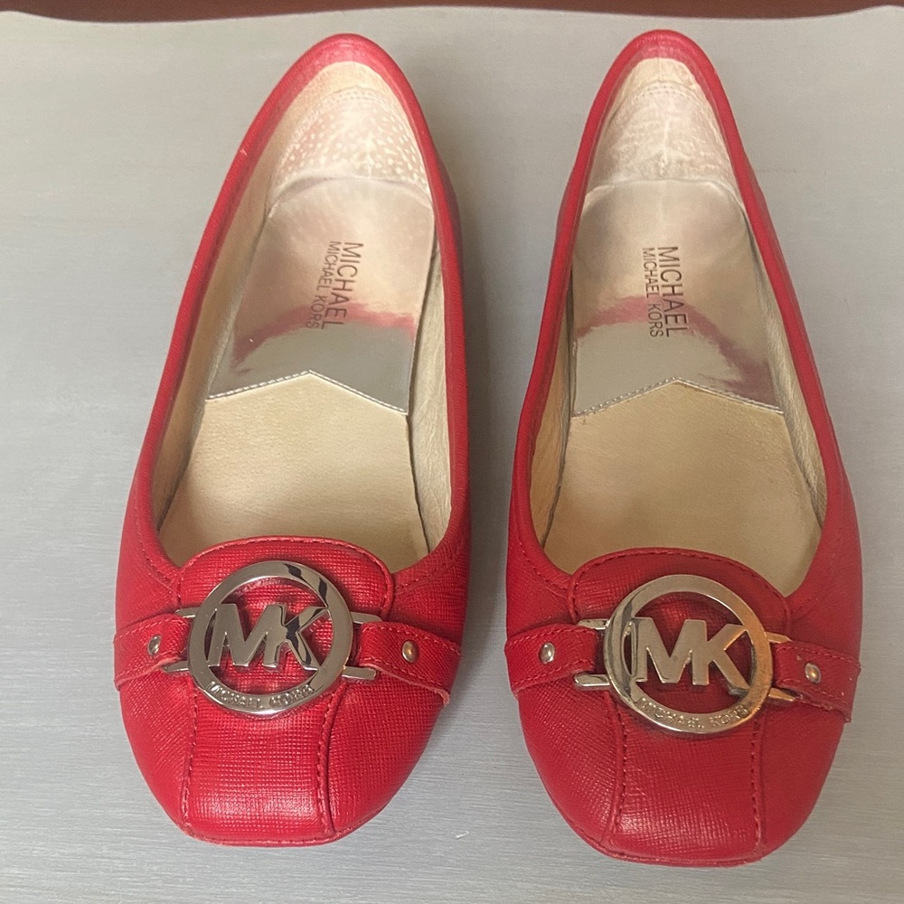 Michael Kors Fulton Moc Ballet Flats Red Leather Gold MK Logo Size 8